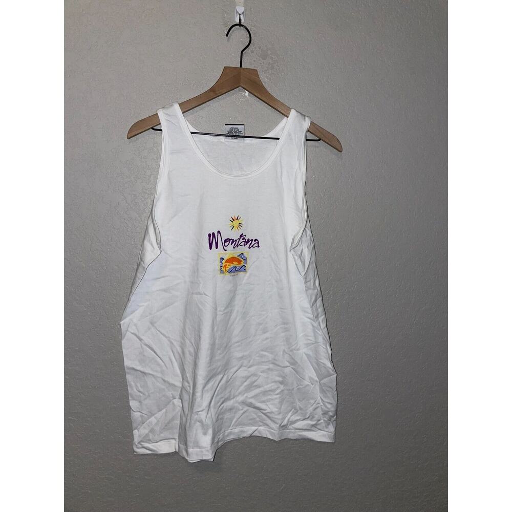 Vintage Montana Fish Shirt Graphic Sun White Tank Sleeveless Tee VTG 90s Large